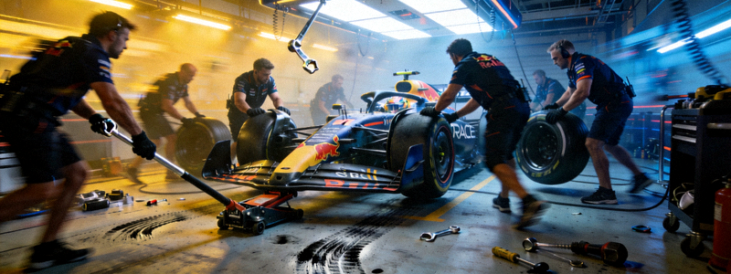 F1赛车维修区紧张忙碌场景，技师正在为赛车换胎