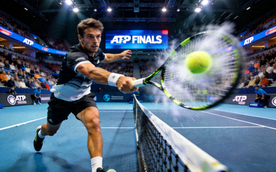 ATP年终总决赛现场，顶级网球选手在比赛中