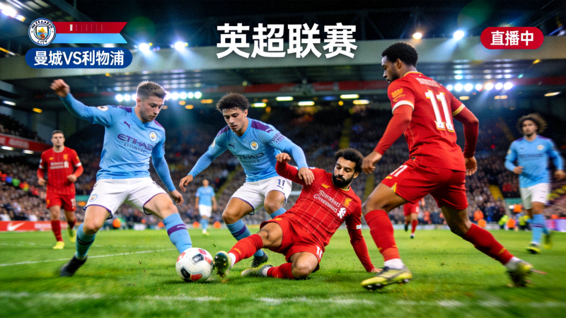 英超联赛曼城对阵利物浦的现场直播画面，球员在激烈拼抢